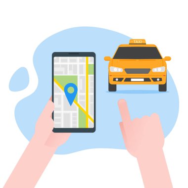 Online taksi smartphone vektör çizim üzerinde sipariş, karton tasarım cep telefonu, kabarcık, şehir harita konumu hedef, istek ya da taksi izole cep telefonu alarak kişi taksi düz