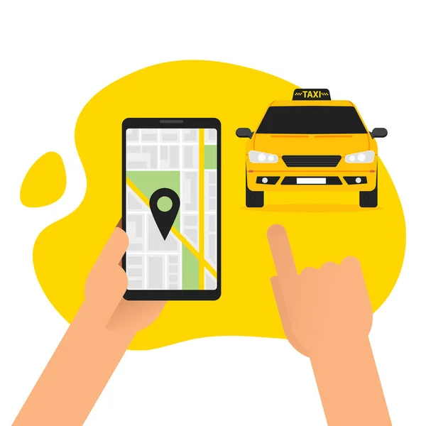 Pedir taxi en línea en la ilustración del vector de teléfono inteligente, diseño de cartón plano del teléfono móvil, taxi en burbuja, destino de ubicación de mapa de la ciudad, persona que llama o toma un taxi en el teléfono celular aislado — Vector de stock