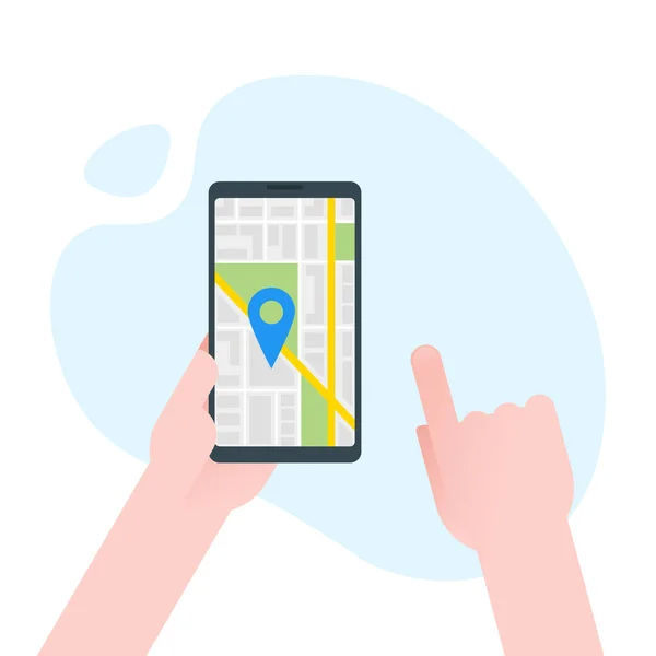 Mão detém smartphone com navegador GPS mapa da cidade na tela do smartphone. Conceito de navegação móvel. Design plano simples moderno para banners web, sites, infográficos. Ilustração vetorial criativa —  Vetores de Stock