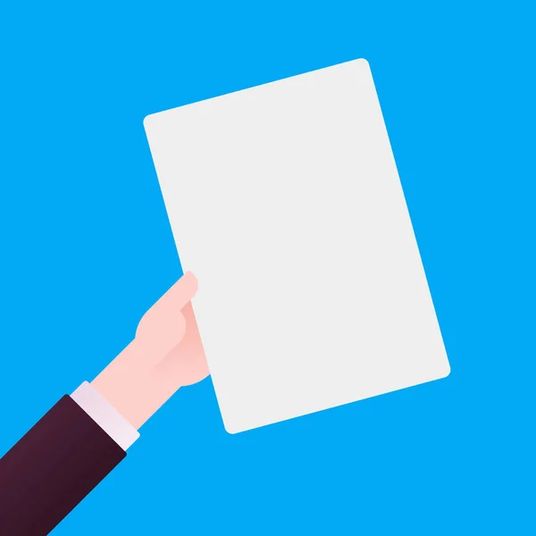 Hand of businessman holding white sheet of paper. empty list, placard, poste, clipboard for text. Vector illustration on blue background — Stock Vector