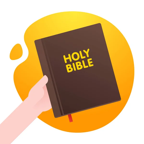 Man Hold Holy Bible in His Hand, Life Foundation Bible in the iSolated orange abstract shape Fondo. Vector plano — Vector de stock