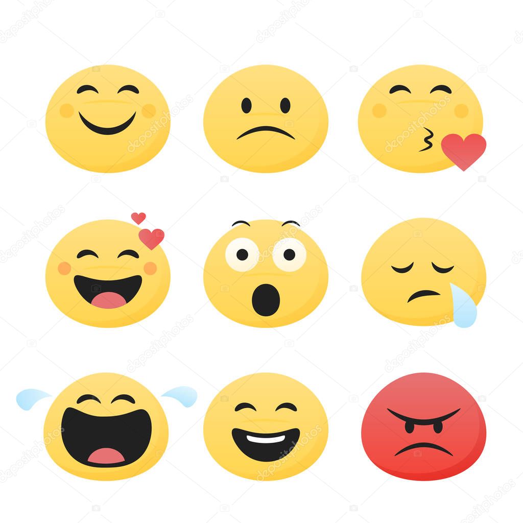 Set of cute smiley emoticons, flat design, vector illustration