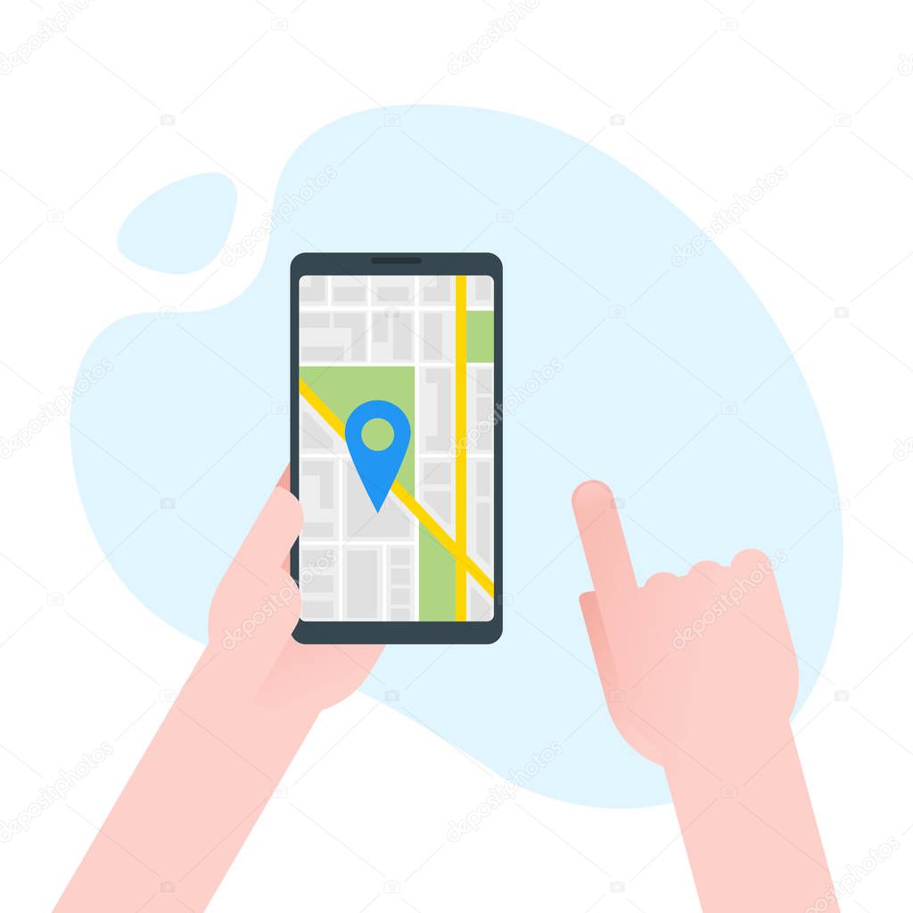 Hand holds smartphone with city map gps navigator on smartphone screen. Mobile navigation concept. Modern simple flat design for web banners, web sites, infographics. Creative vector illustration