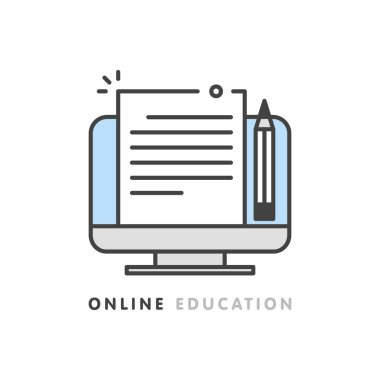 Öğrenme, illüstrasyon vektör online eğitim, yaratıcı yazarlık ve hikaye anlatımı, copywriting kavramı, metin belgesi, uzak düzenleme