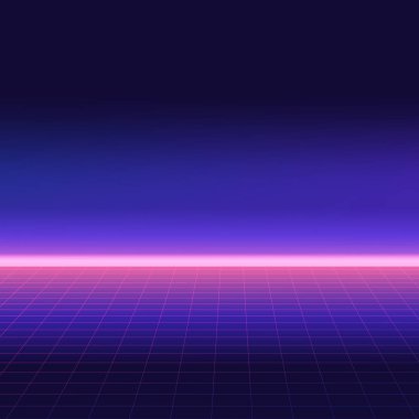 Retro arka plan, 80s tarzı. Fütüristik dijital manzara, neon parti el ilanı. Vektör çizim.