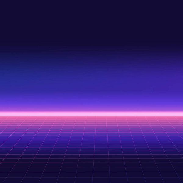 Abstract retro background, 80s style. Futuristic digital landscape, neon party flyer. Vector illustration.