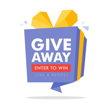 Giveaway sosyal medya sonrası veya web sitesi afiş için poster şablonu tasarımı kazanmak için girin. Modern tipografi metin stili ile hediye kutusu vektör illüstrasyon.