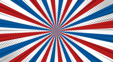 Soyut renkli güneş klasik arkaplanı yener. Beyaz arka planda kırmızı ve mavi rüya ışınları. Vektör pop sanat şablonu güneş ışınları