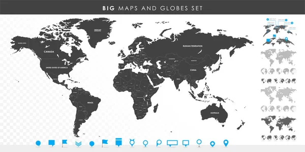 Große Menge an detaillierten Karten und Globen. Anstecknadeln sammeln. Unterschiedliche Effekte. Weltkarte und infographische Elemente. Weltkarte der politischen Länder. Vektorillustration — Stockvektor