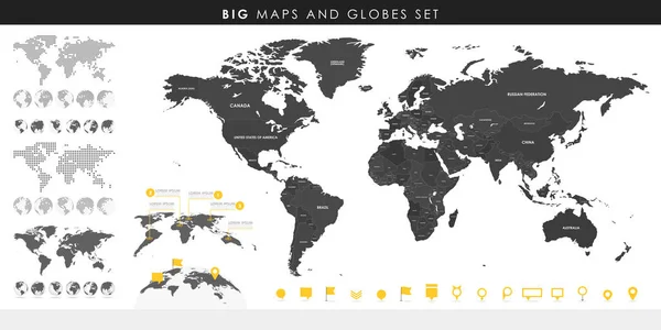 Um grande conjunto de mapas e globos detalhados. Coleção de pinos. Efeitos diferentes. Mapa do Mundo e elementos infográficos. Países Políticos Mapa Mundial. Ilustração vetorial —  Vetores de Stock