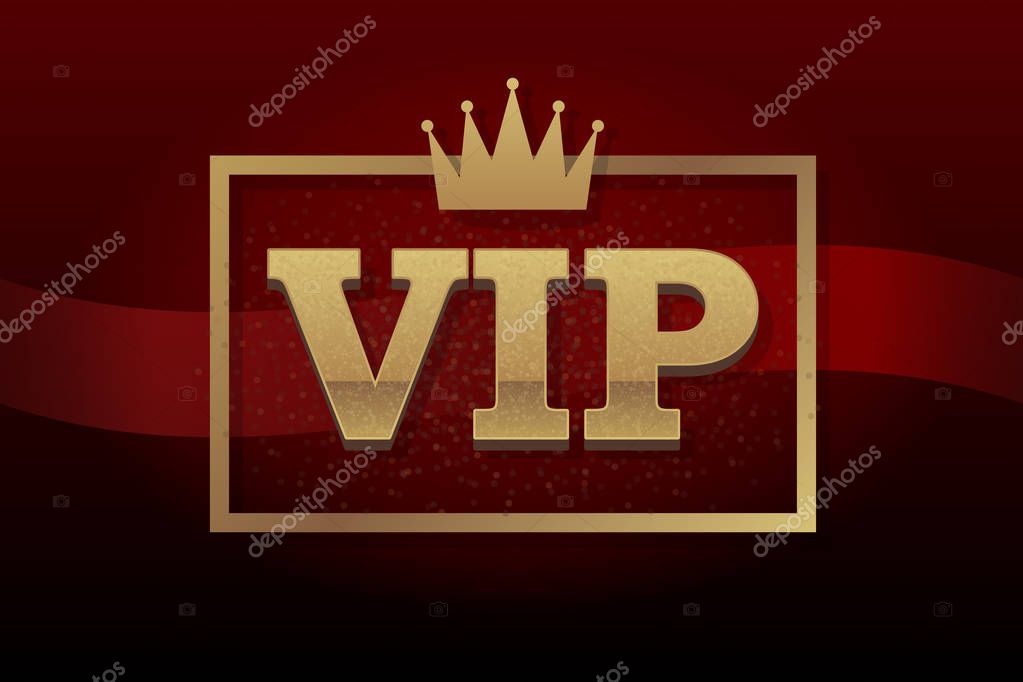 Vector illustration VIP club label on black background with crown in modern speech bubble. Golden symbol of exclusivity, the label VIP with glitter.