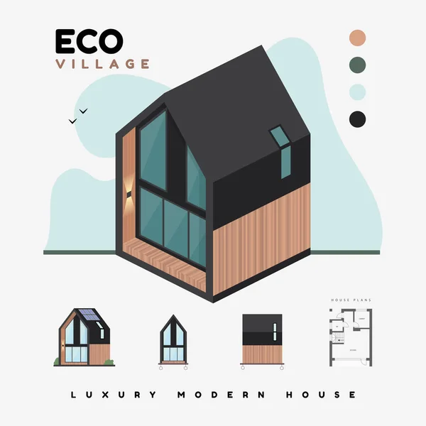 Casas Modernas Luxo Eco Aldeia Ilustração Vetorial Isométrica Casa Moderna — Vetor de Stock