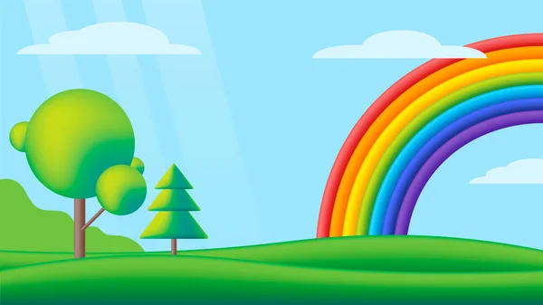 Fantastische Landschaft Mit Regenbogen Auf Grüner Wiese Vektorflache Illustration Kinder — Stockvektor