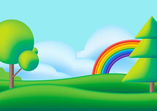 Lindo Paisaje Con Arco Iris Árboles Prado Verde Ilustración Plana — Vector de stock