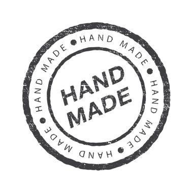 El yapımı - daire şeklinde grunge pulu ya da amblem. Vektör düz çizimler. Beyaz arkaplanda yazılı modern ve şık bir rozet..