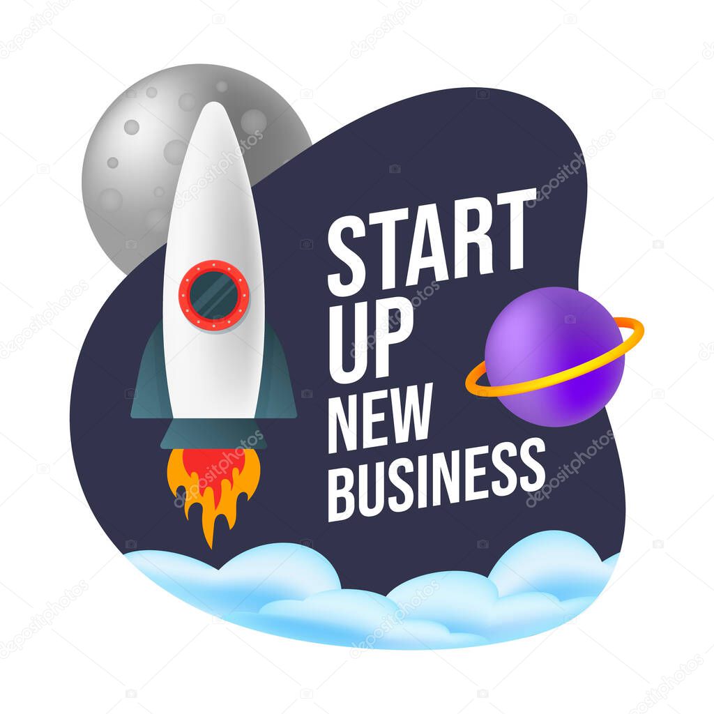 Start up new business. Vector illustration in flat design. Concept new business background with rocket. Process of launching and developing the project, new product or service.