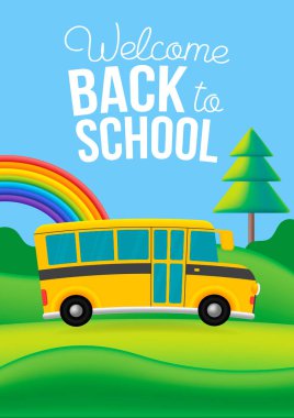 Vector sarı okul otobüsü yolda. Gökkuşağı, bulutlar ve ağaçlarla dolu doğa arka planı. Vektör poster tasarımı illüstrasyonu