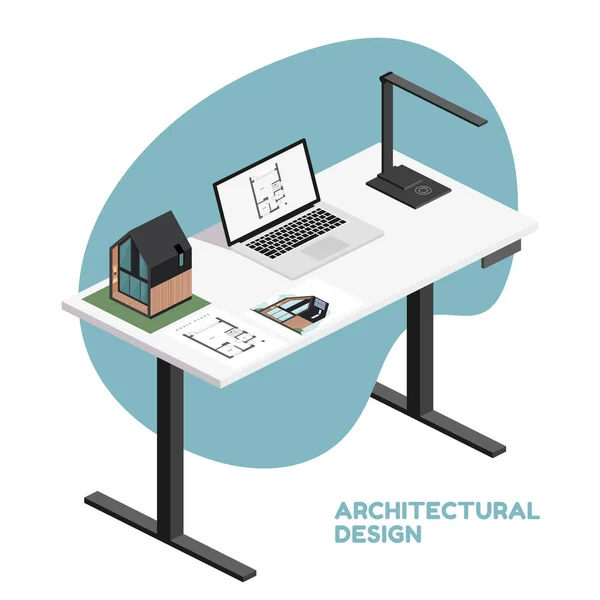 Arquiteto Desktop Isométrico Com Ferramentas Incluindo Laptop Lâmpada Plano Construção —  Vetores de Stock