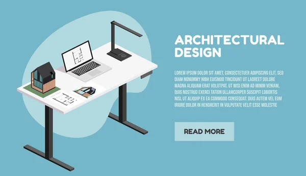 Építész Izometrikus Asztali Szerszámok Beleértve Laptop Lámpa Építési Terv Építészeti — Stock Vector