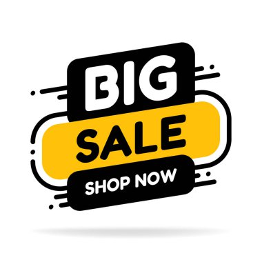Düğme dükkanındaki büyük satışın şablonu şimdi etiketlendi. Vektör düz çizimler. Sezon sonunda büyük indirim var. Siyah ve sarı renkli büyük indirimli pankart.