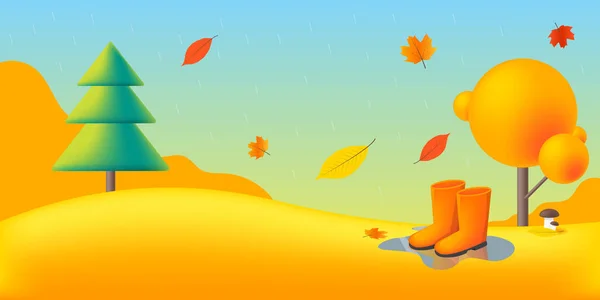 大自然 秋天的风景 黄叶和树木 水坑上的橡胶靴和蘑菇 矢量平面插图 秋天的叶子落在黄树的背景上 秋雨静谧 — 图库矢量图片