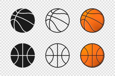 Basketbol topu simgeleri. Turuncu renk, siluet, ana hatlı top şekli. Vektör illüstrasyonu