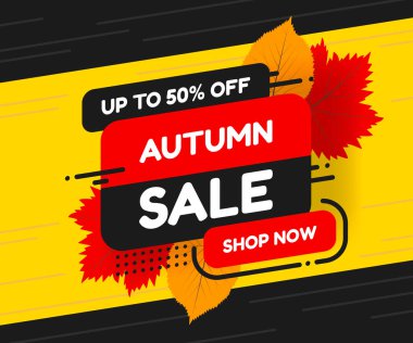 Sonbahar satış banner tasarımı indirim etiketli renkli sonbahar, sonbahar sezonu için promosyon alışveriş arka plan bırakır. Vektör çizim.
