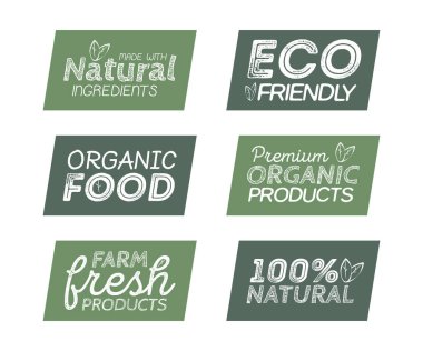 Yeşil Eco gıda etiketleri. Sağlık başlıkları. Vektör resim koleksiyonu.