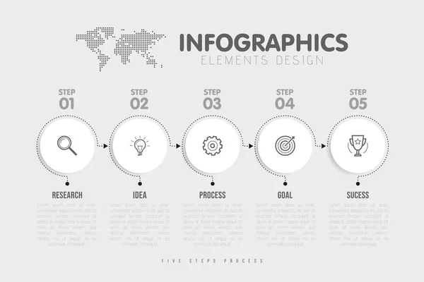 Zakelijke Infographics Template Tijdlijn Met Cirkel Pijl Stappen Vijf Nummer — Stockvector