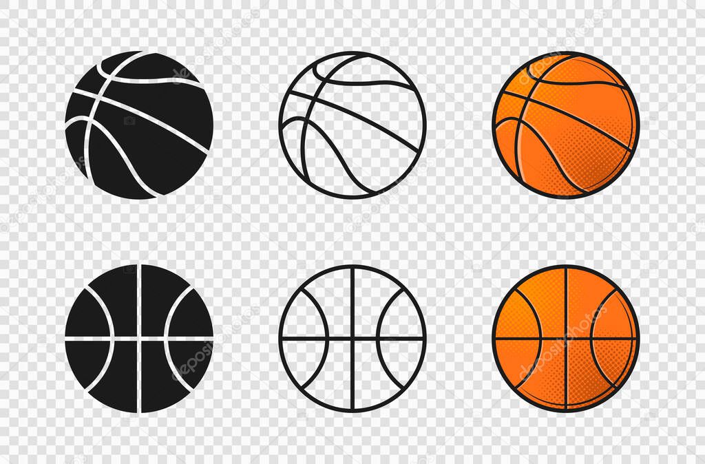 Basketball ball set icons. Orange color, silhouette, outline ball shape. Vector illustration