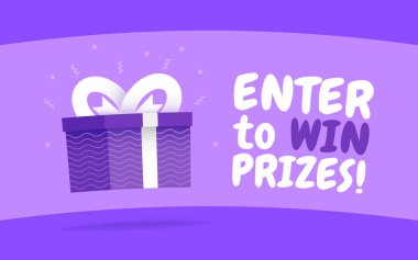 Hediye kutusunu kazanmak için girin. Çizgi film stili vektör çizimi. Sosyal medya afişi şablonu.