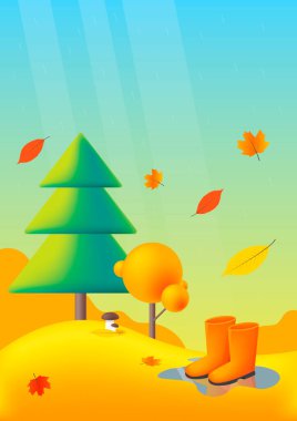 Doğa, sonbahar manzarası, sarı yapraklar ve ağaçlar, su birikintisinde lastik botlar ve mantarlar. Vektör düz çizimler. Sonbahar yaprakları sarı ağaçların arka planına düşer. Sessiz sonbahar yağmuru.