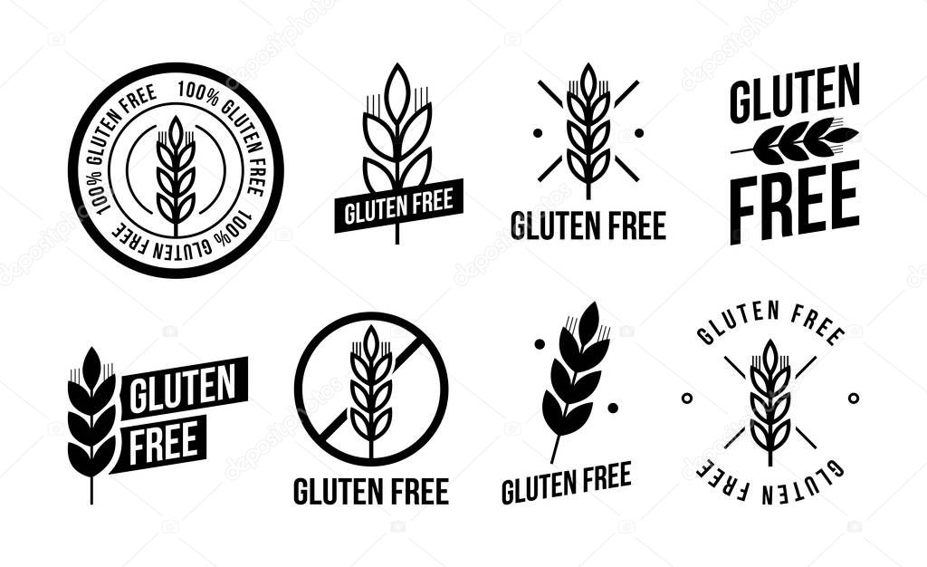 Collection gluten free seals. Various black and white designs, can be used as stamps, seals, badges, for packaging etc. Vector illustration