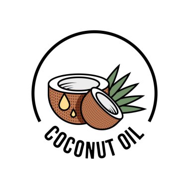 Hindistan cevizi yağı. Vektör düz çizim. Yiyecek ya da kozmetik uygulamalar için organik doğal ürün. Stilize damla. Olgun hindistan cevizi, yağ damlası ve palmiye yapraklarıyla. Harflerle amblem ya da logo.