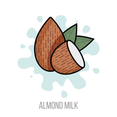 Badem sütü. Vektör düz çizim. Sütlü içeceğe yeşil yapraklı badem fıstığı. Badem fıstığı vejetaryen doğal organik ürün paketleme tasarımı için..
