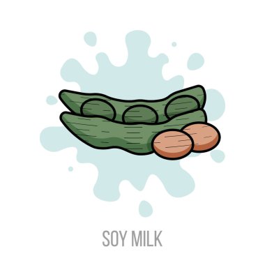 Soya sütü. Vektör düz çizim. Sağlıklı vejetaryen içeceği. Süt serpilmiş yeşil fasulye ve fasulye. Beyaz üzerine izole edilmiş organik ürün ambalajı etiketi veya amblemi.