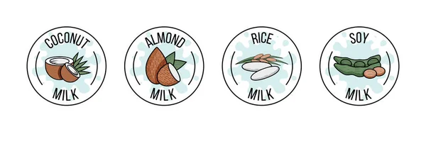 Zestaw Etykiet Mlekiem Kokosowym Migdałowym Ryżowym Sojowym Wektor Płaska Ilustracja — Wektor stockowy