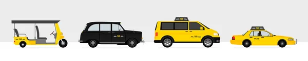 世界出租汽车和带有黄色出租车的车辆的向量集 Hackney Carriage Tuk Tuk Velotaxi Baby Taxi Auto Rickshaw — 图库矢量图片