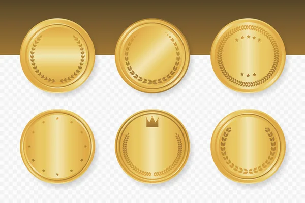 Golden luxury round frames collection. Vector illustration. Gold color badge stickers set with laurel wreath, stars, crown. Sale labels template for banners, medal, certificate.