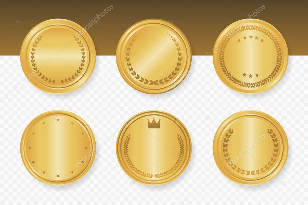 Golden luxury round frames collection. Vector illustration. Gold color badge stickers set with laurel wreath, stars, crown. Sale labels template for banners, medal, certificate.