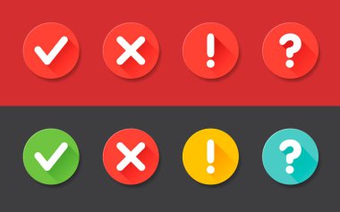 Vektör kontrol işareti ünlem işareti, soru işareti simgeleri ayarlandı. Web ve mobil uygulamalar için düz simgeler. Gölgelerle daire çizimi.