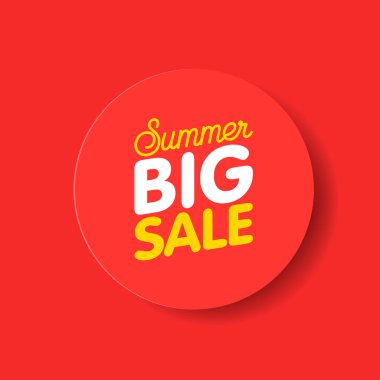 Büyük yaz indirimi. Vektör düz çizim. Alışveriş yap. Gelişim için poster şablonu. Mevsimlik mallar için indirim. Kırmızı arkaplanda reklam metniyle çember.