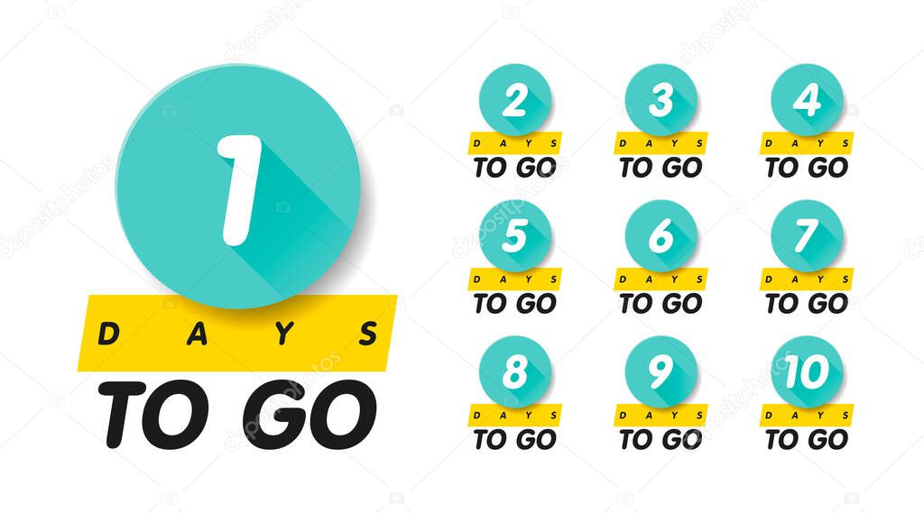 1, 2, 3, 4, 5, 6, 7, 8, 9, 10, days to go. Vector flat illustration. Group pictogram. Set geometric square shape labels on bright colors with number of days left isolated on white background.