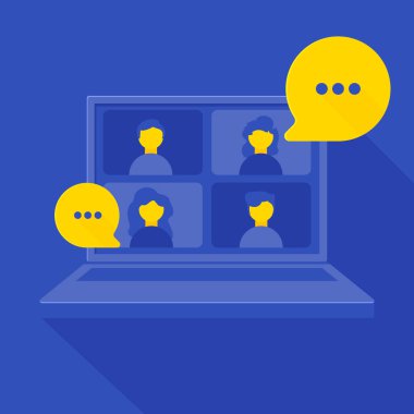 Video telekonferans ve uzaktan görüşme konsepti. Vektör düz insan çizimi. Dizüstü bilgisayar ekranında bir grup insan avatarı. Pankart, ağ, bilgi grafiği için tasarım