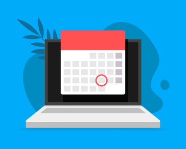 Takvimli dizüstü bilgisayar, arkaplan karalaması ve yapraklar. Vektör düz çizimler. Dizüstü bilgisayarda olay tarihi hatırlatıcı ön görünümü olan çevrimiçi planlayıcı uygulaması.