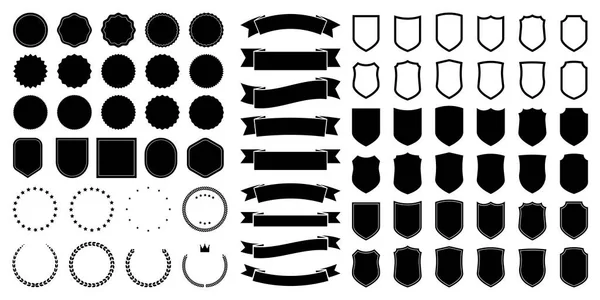 Ensemble Insignes Rubans Ronds Triangulaires Hexagonaux Noirs Illustrations Vectorielles Plates — Image vectorielle