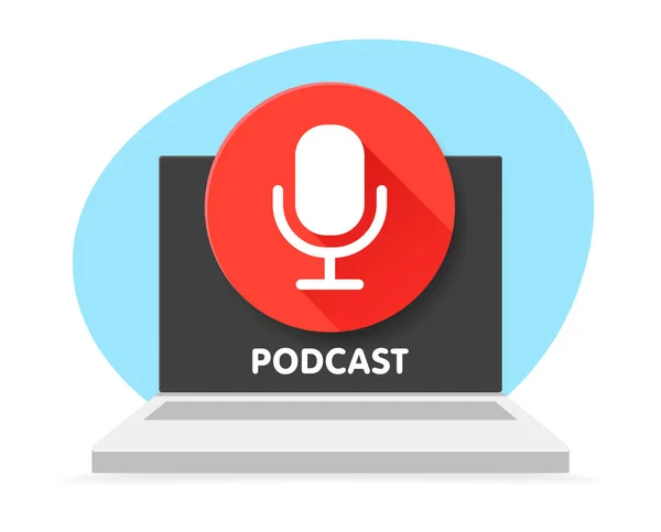 Podcast Dizüstü Bilgisayar Için Rozet Mikrofonu Vektör Düz Çizimler Radyo — Stok Vektör