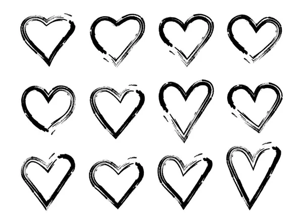 Hjärtan Grunge Hand Rita Grafiskt Svart Bläck Borste Set Vektorillustration — Stock vektor