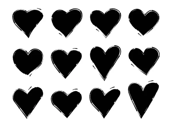 Сердца Гранж Руки Рисования Графические Черные Чернила Набор Кисти Векторная — стоковый вектор
