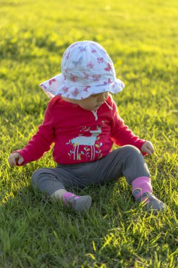 Güneşli bir günde bir otların arasında oturan mutlu bebek